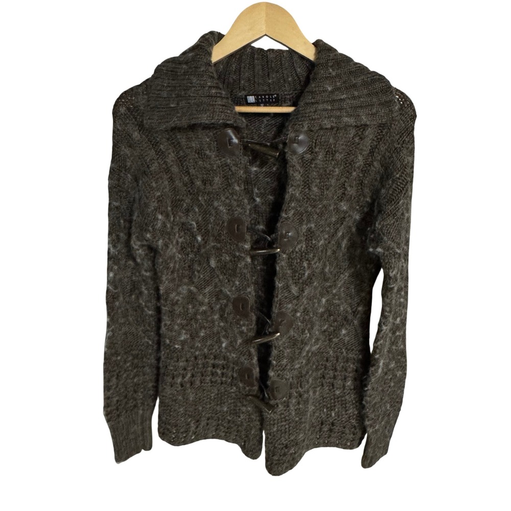 Carole Little Brown Toggle Cable Knit Wool Blend Shawl Collar Cardigan